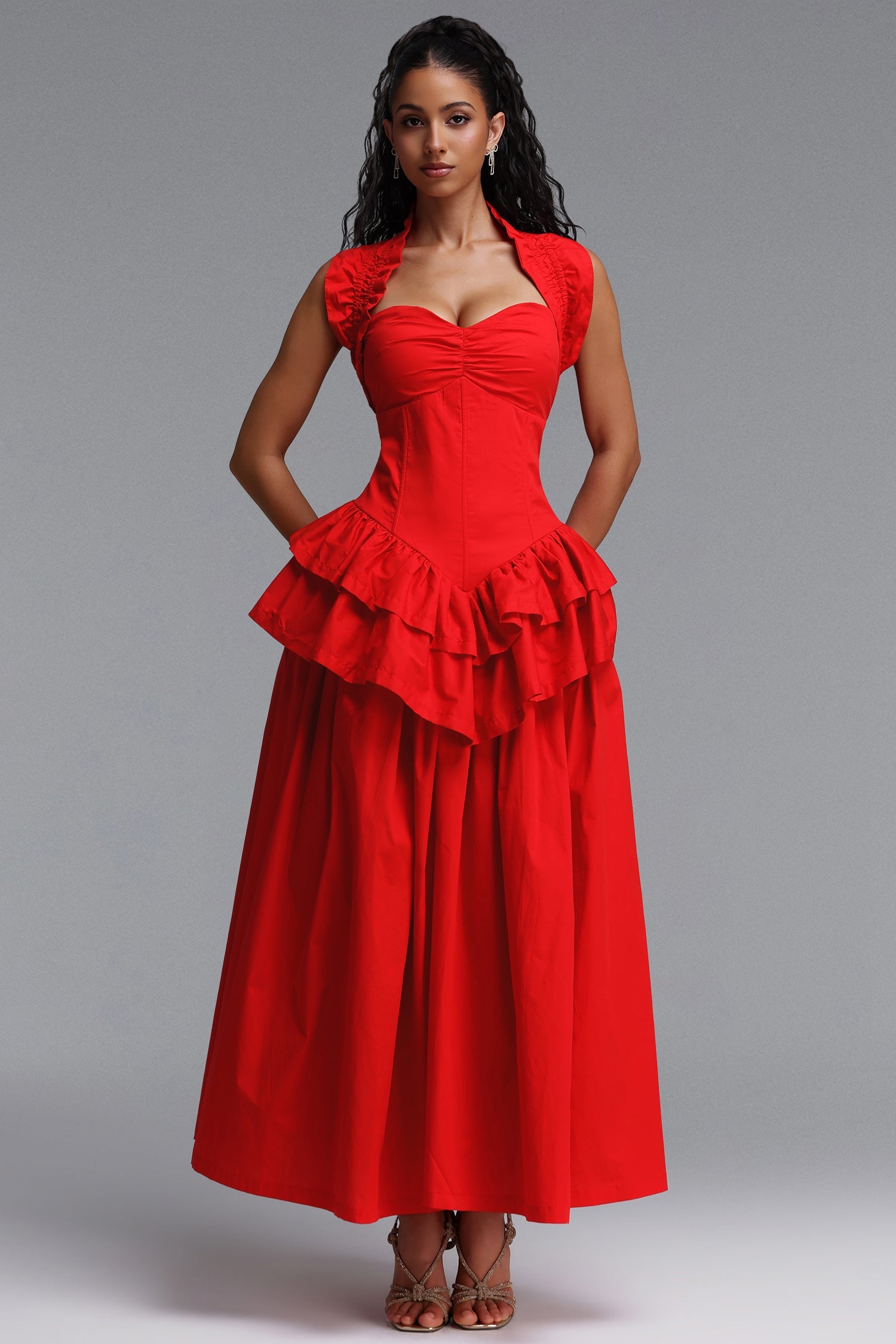 Shea Elegant Cinched Waist Halter Neck Ruffled Maxi Dress D260701404