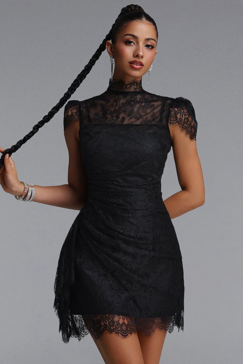 Noor Vintage Cinched Short Sleeve Floral Lace Mini Dress by Bella Barnett