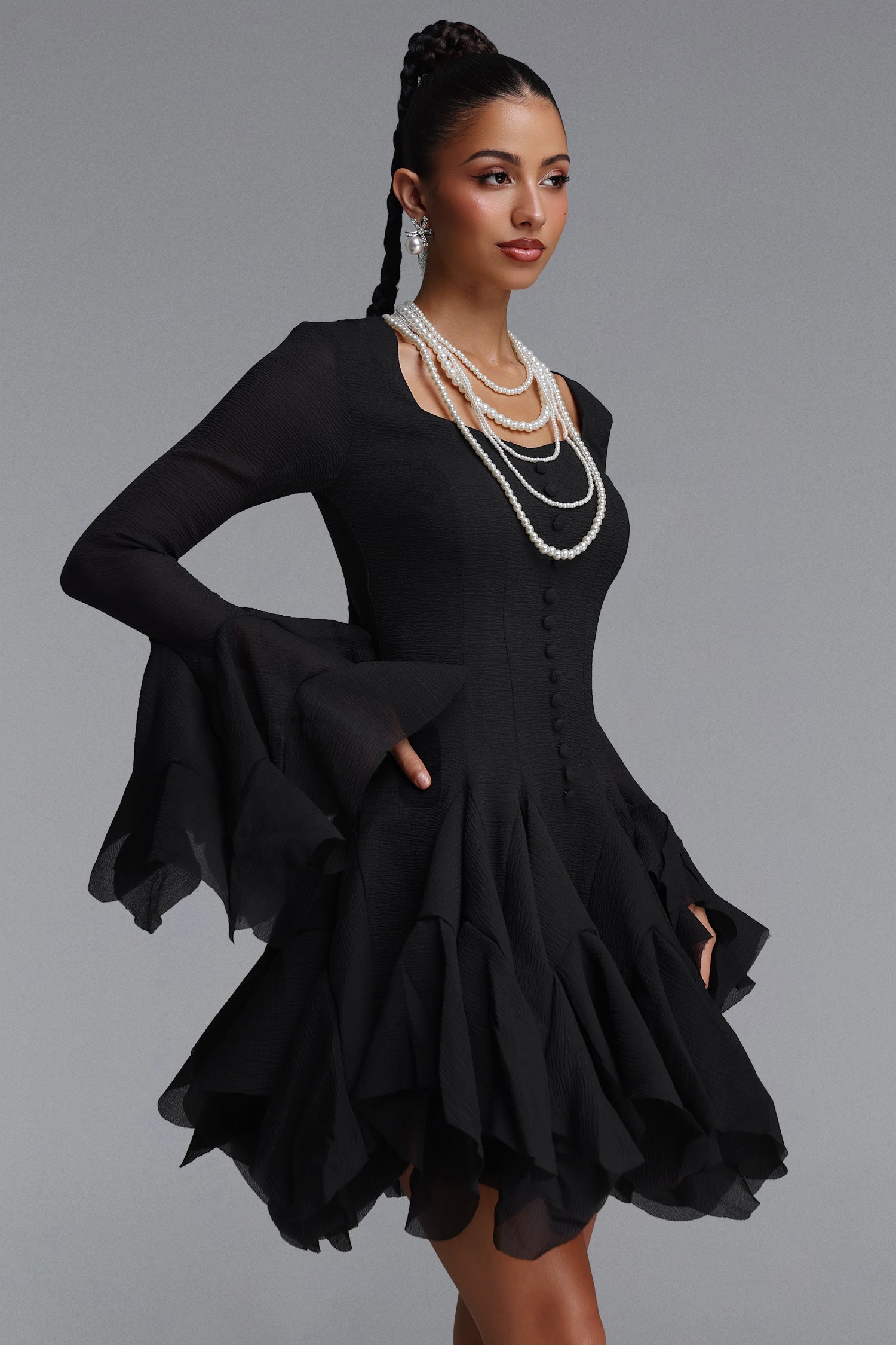 Uhren Vintage Flowy Long Sleeve Ruffle Chiffon Mini Dress C260800080