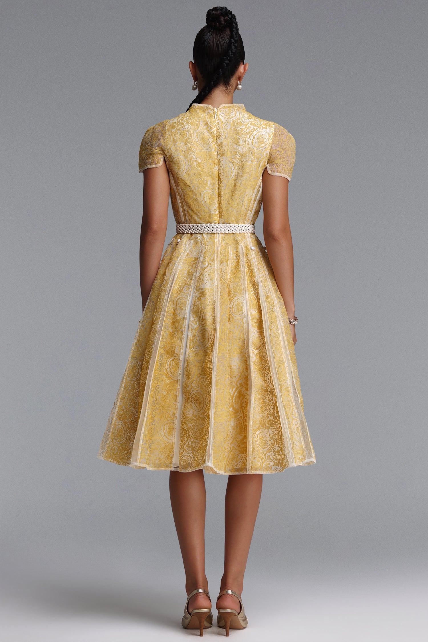 Rosita Elegant Cinched Waist Stand Collar Short‑Sleeve Paisley Woven Maxi Dress C260205402