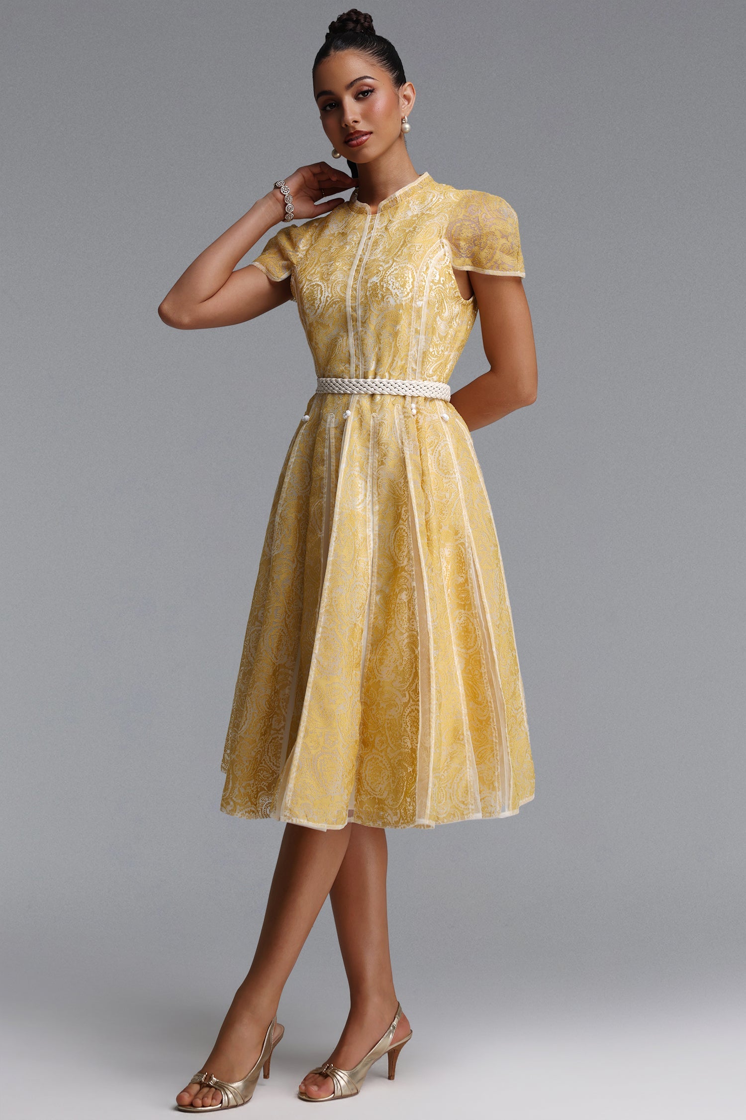Rosita Elegant Cinched Waist Stand Collar Short‑Sleeve Paisley Woven Maxi Dress C260205402