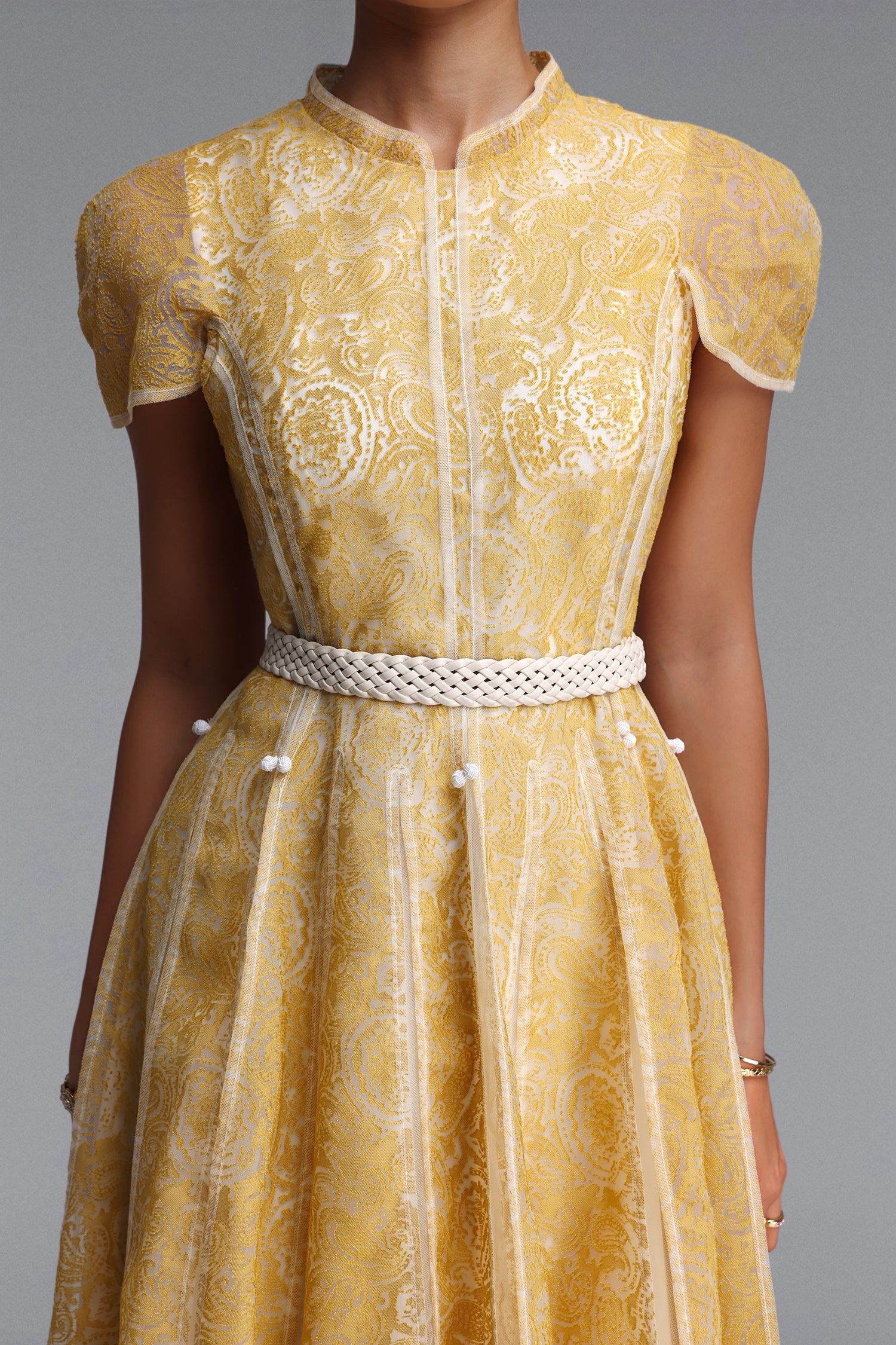 Rosita Elegant Cinched Waist Stand Collar Short‑Sleeve Paisley Woven Maxi Dress C260205402