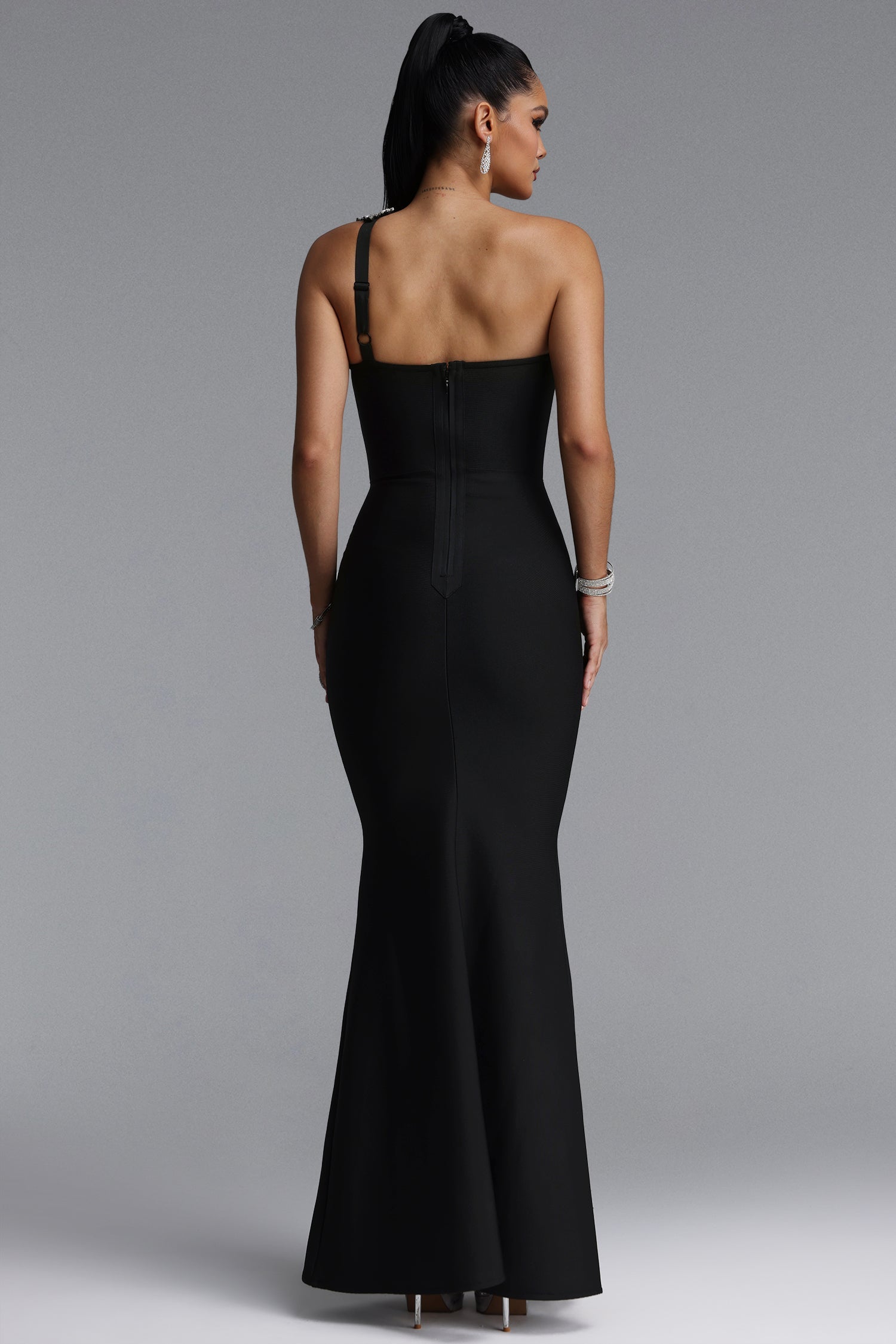 Islay Glamorous One Shoulder Rhinestone Mermaid Bandage Maxi Dress D260901144