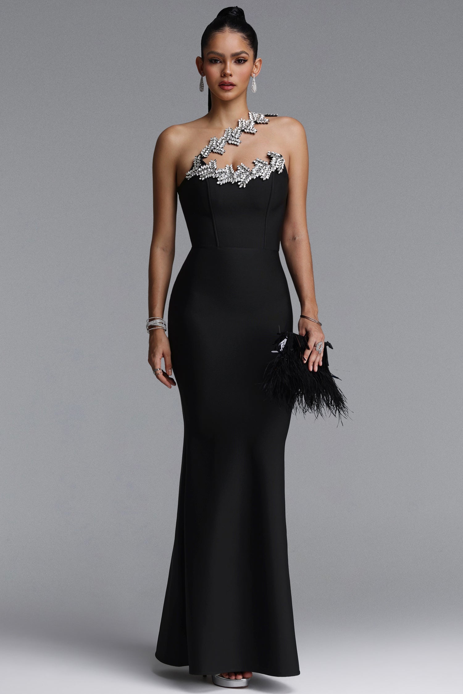 Islay Glamorous One Shoulder Rhinestone Mermaid Bandage Maxi Dress D260901144