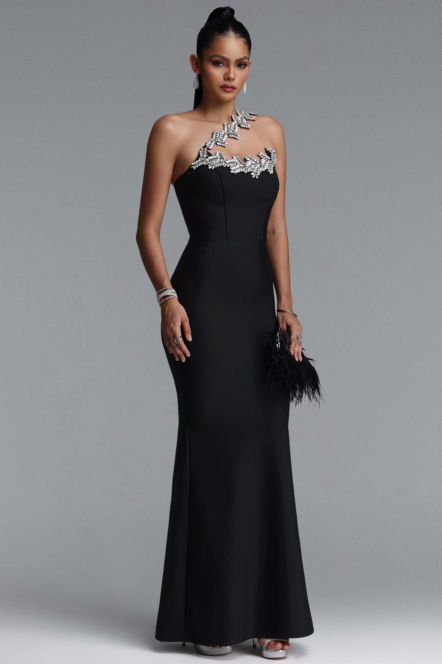 Islay Glamorous One Shoulder Rhinestone Mermaid Bandage Maxi Dress D260901144