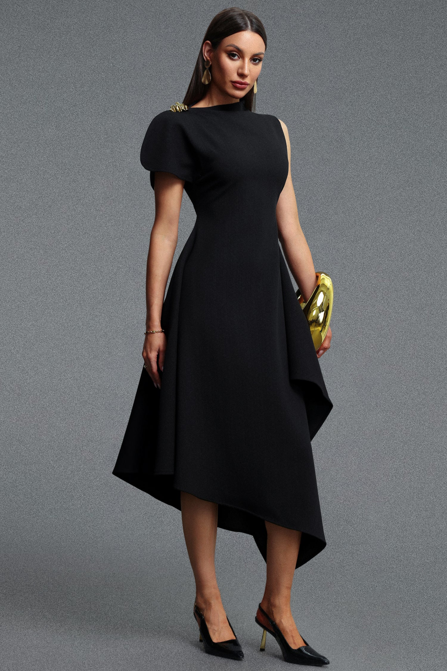 Weren Elegant Contour High Neck Asymmetric Black Maxi Dress D251201536