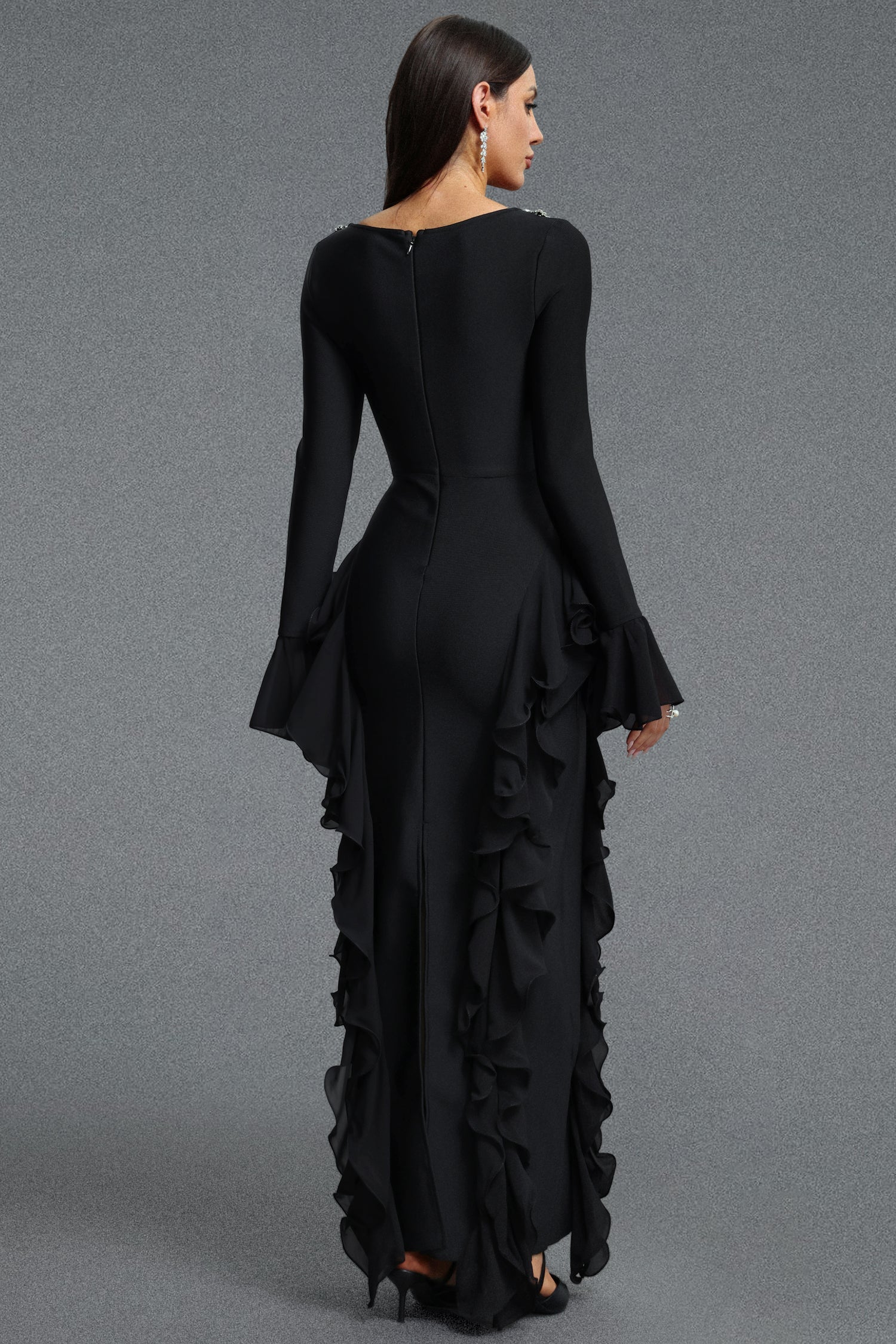 Mavis Elegant Luxurious Square Neck Long Sleeve Rhinestone Embellished Ruffle Bandage Maxi Dress D260901169