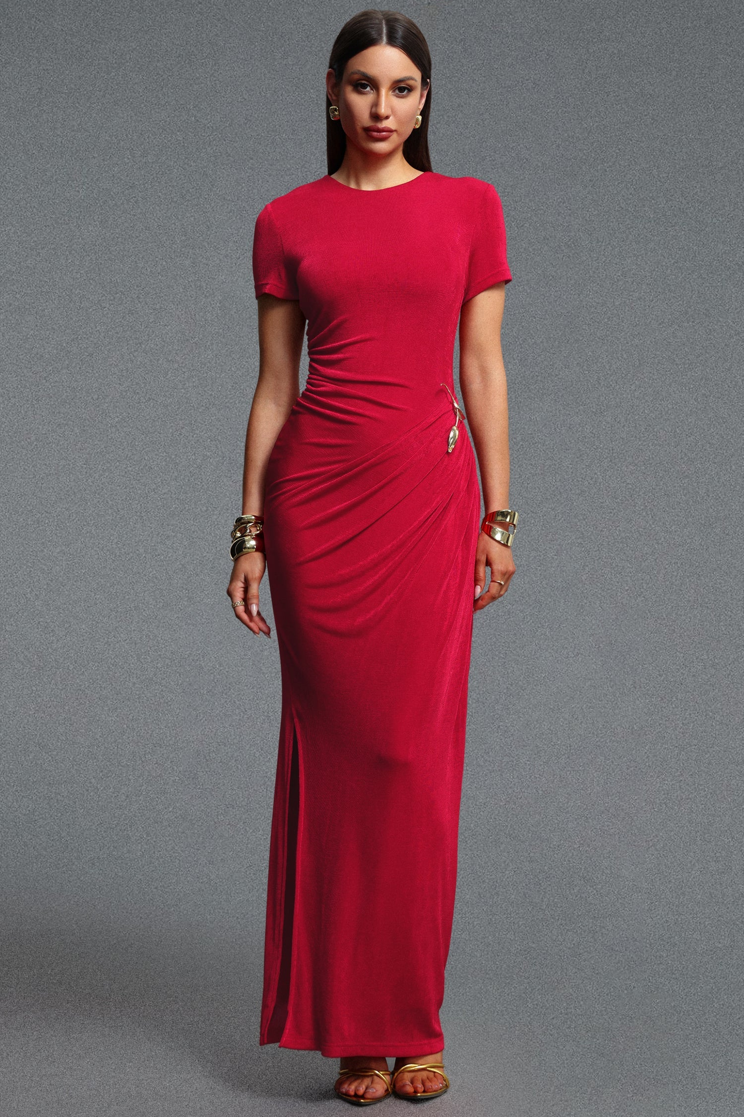 Rojo Chic Contour Short Sleeve Ruched Metal Floral Decor Knit Maxi Dress D260304309