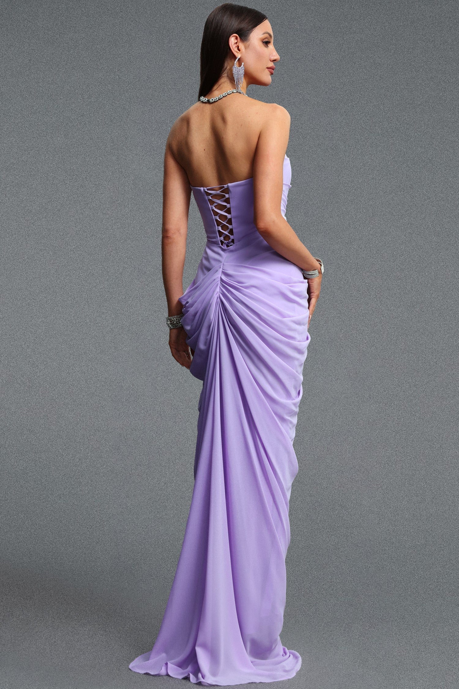 Tazeda Elegant Contour Strapless Ruched Mesh Purple Maxi Dress D260501434