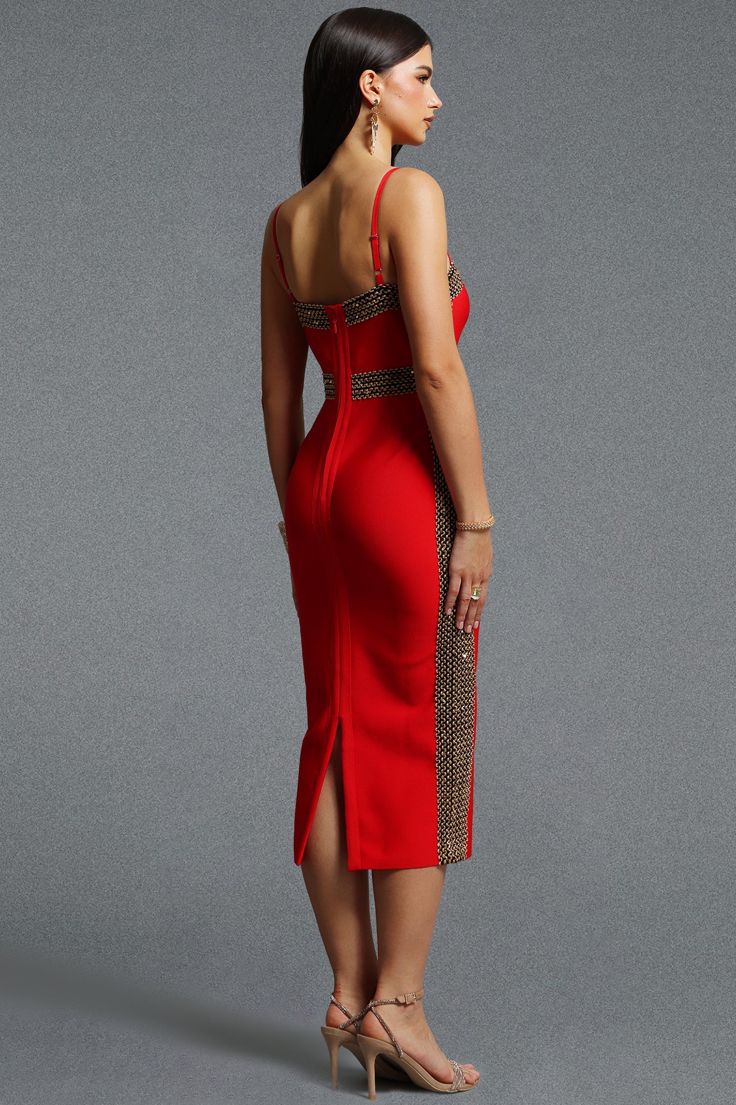Lestie Minimalist Contour Straight Neck Gold Woven Bandage Red Midi Dress D260601330