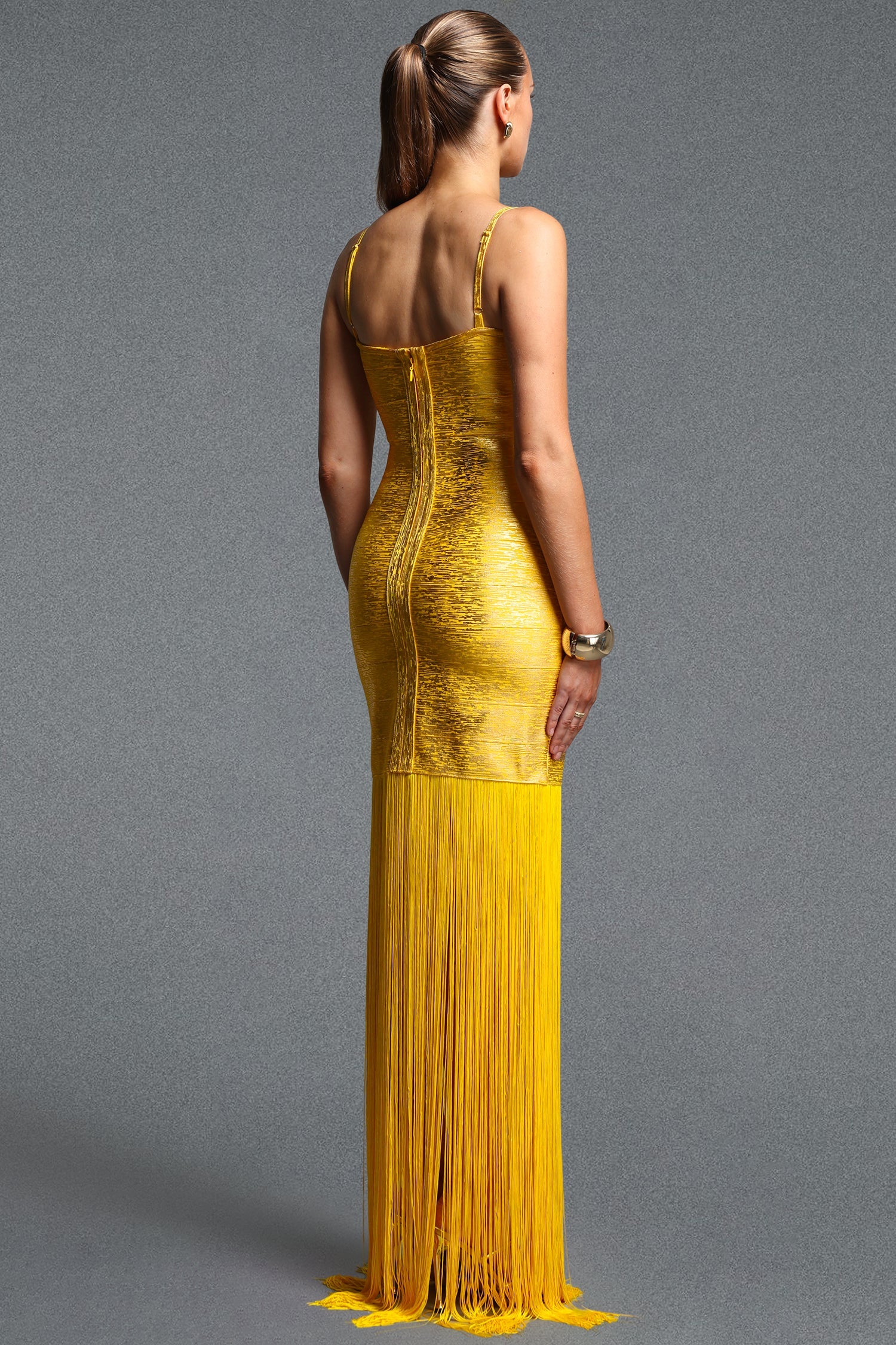 Labola Chic Contour Fringe Gold Bandage Maxi Dress D260701102
