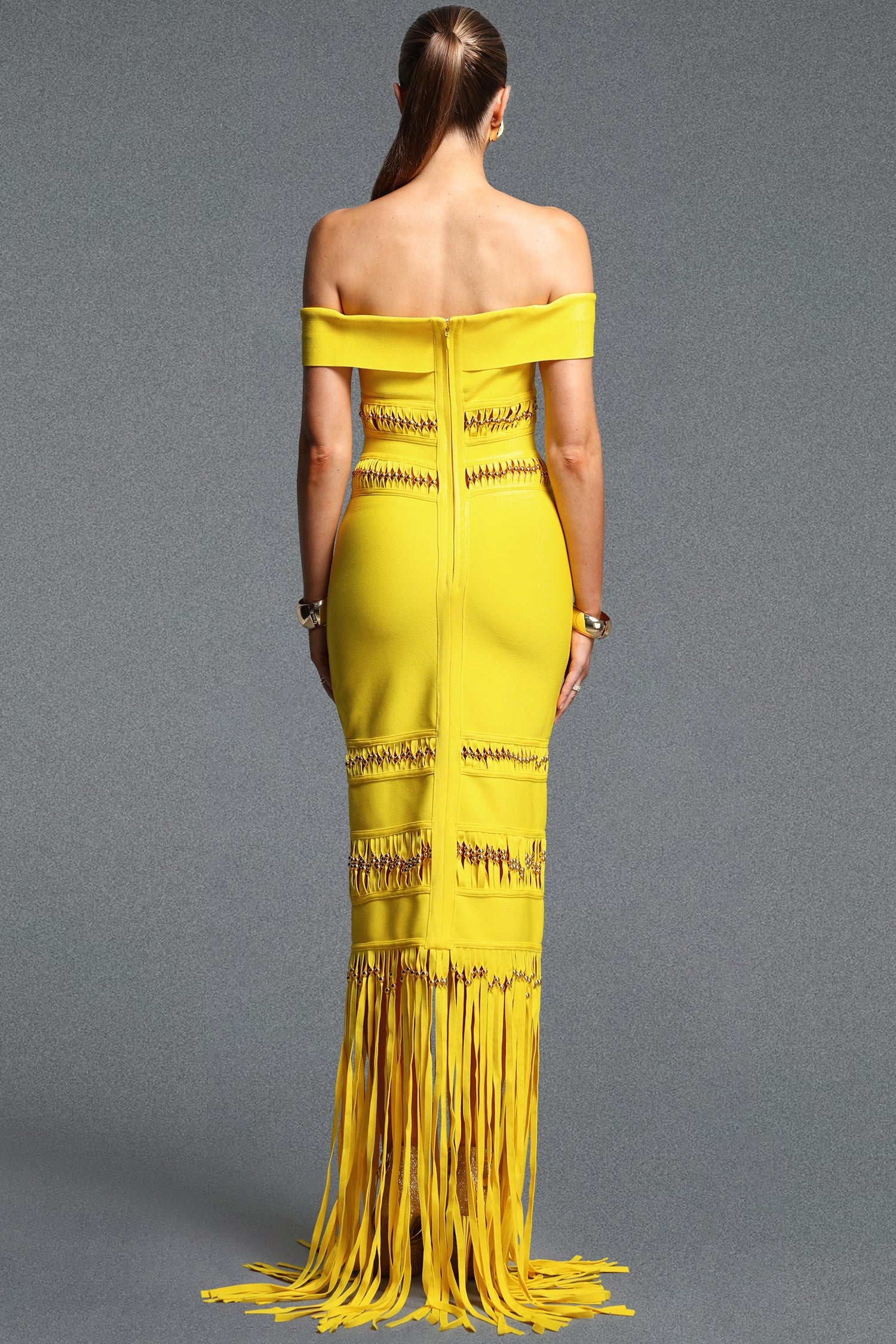 Sylvia Elegant Off Shoulder Beaded Tassel Bandage Maxi Dress D260705402