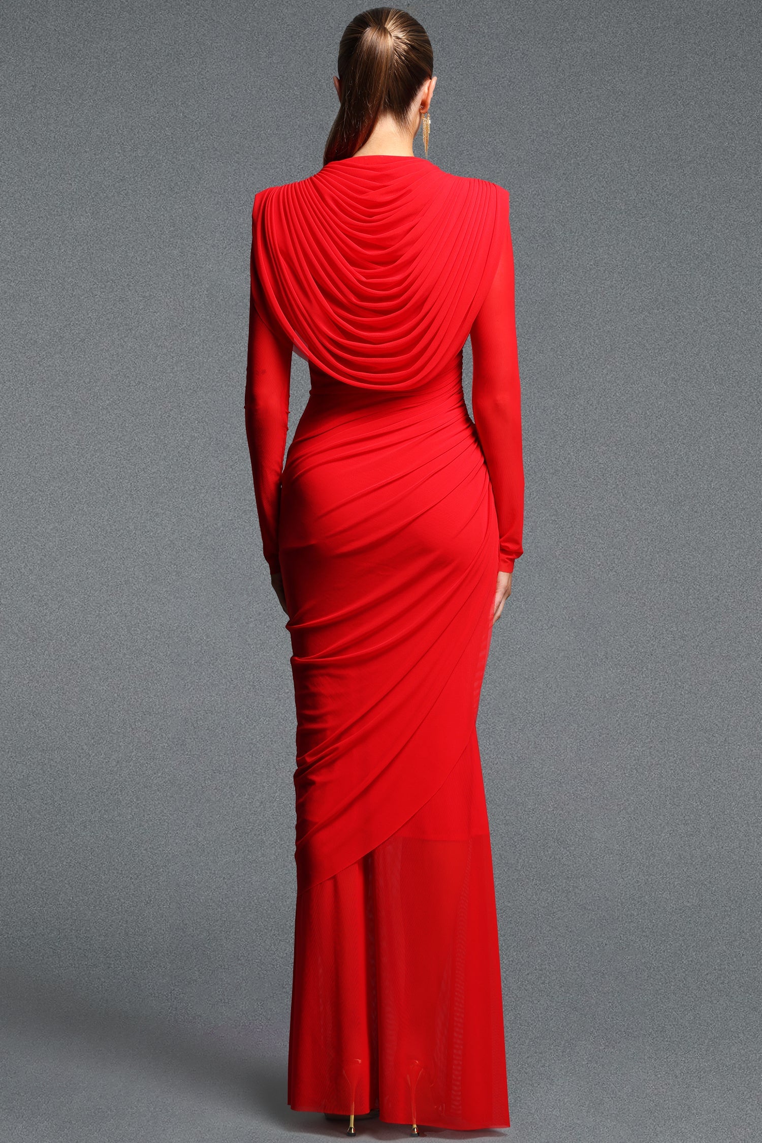 Kale Elegant Cinched Waist Long Sleeve Ruched Mermaid Woven Maxi Dress D260901317