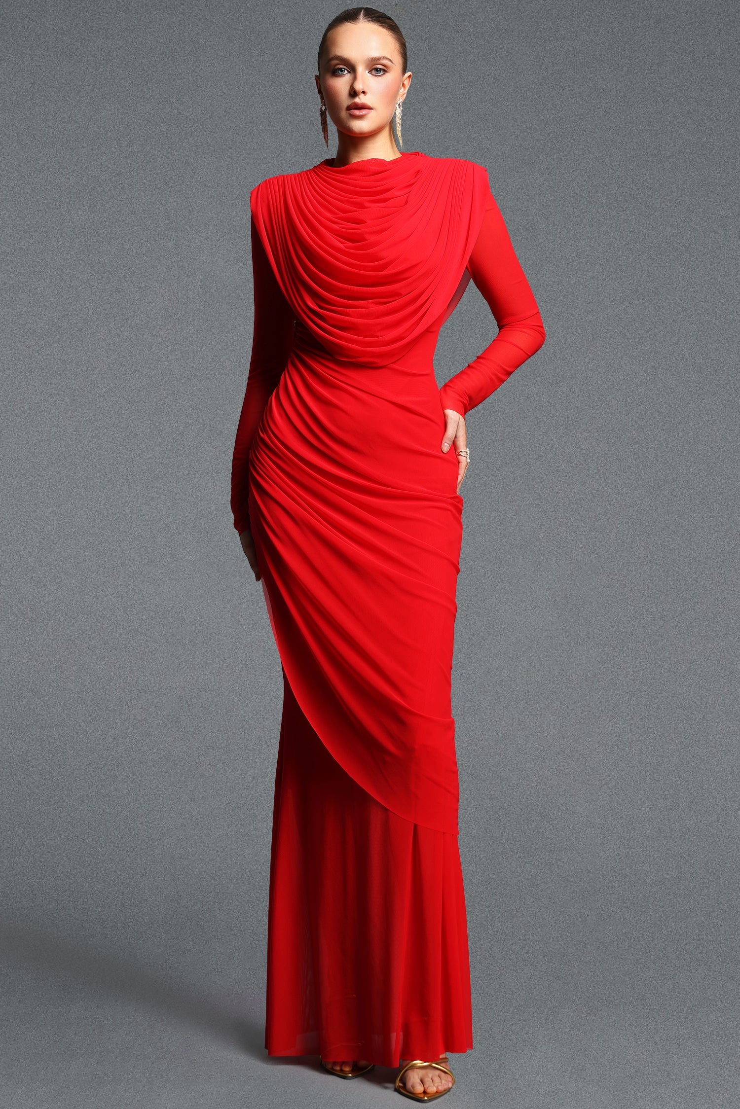 Kale Elegant Cinched Waist Long Sleeve Ruched Mermaid Woven Maxi Dress D260901317