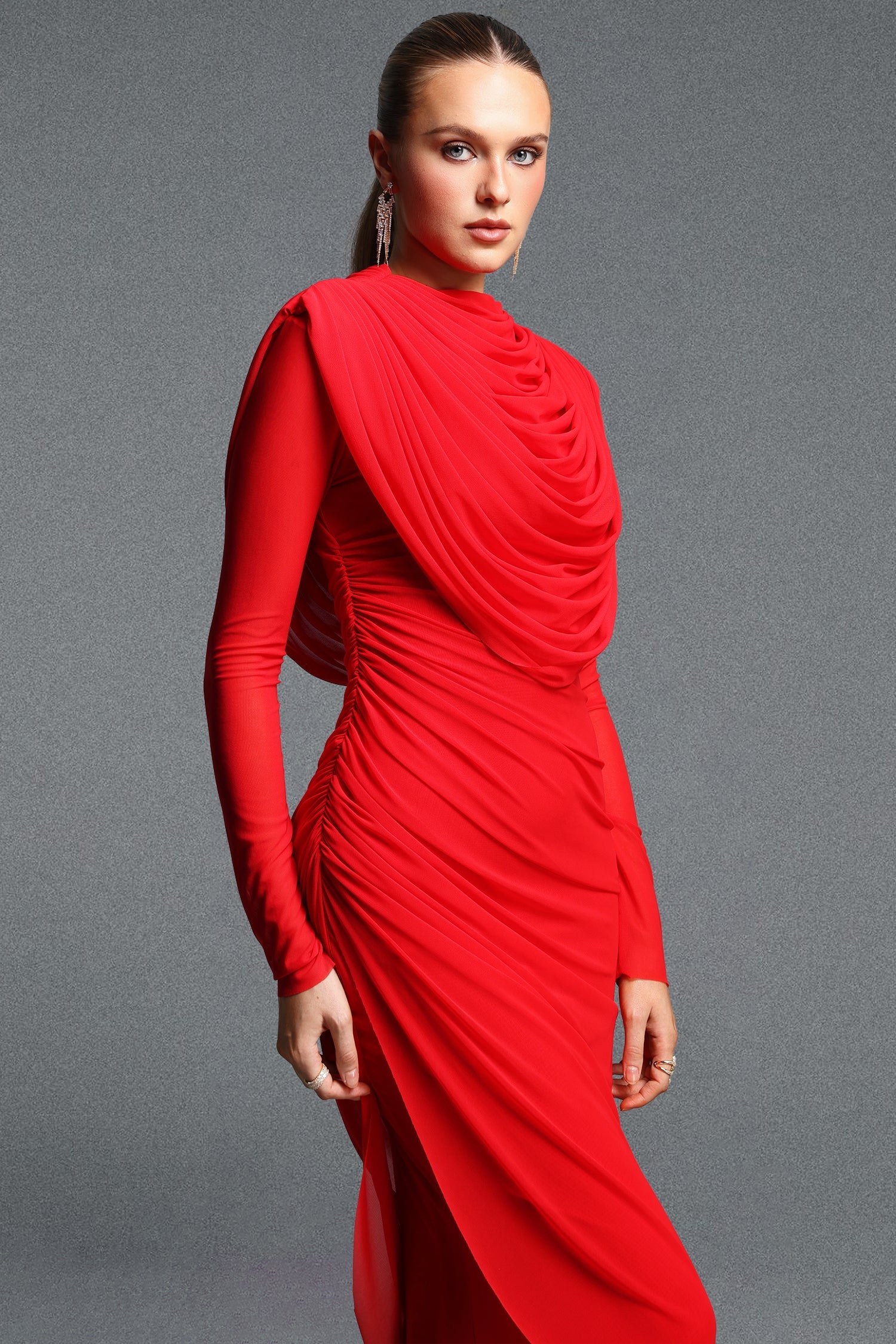 Kale Elegant Cinched Waist Long Sleeve Ruched Mermaid Woven Maxi Dress D260901317