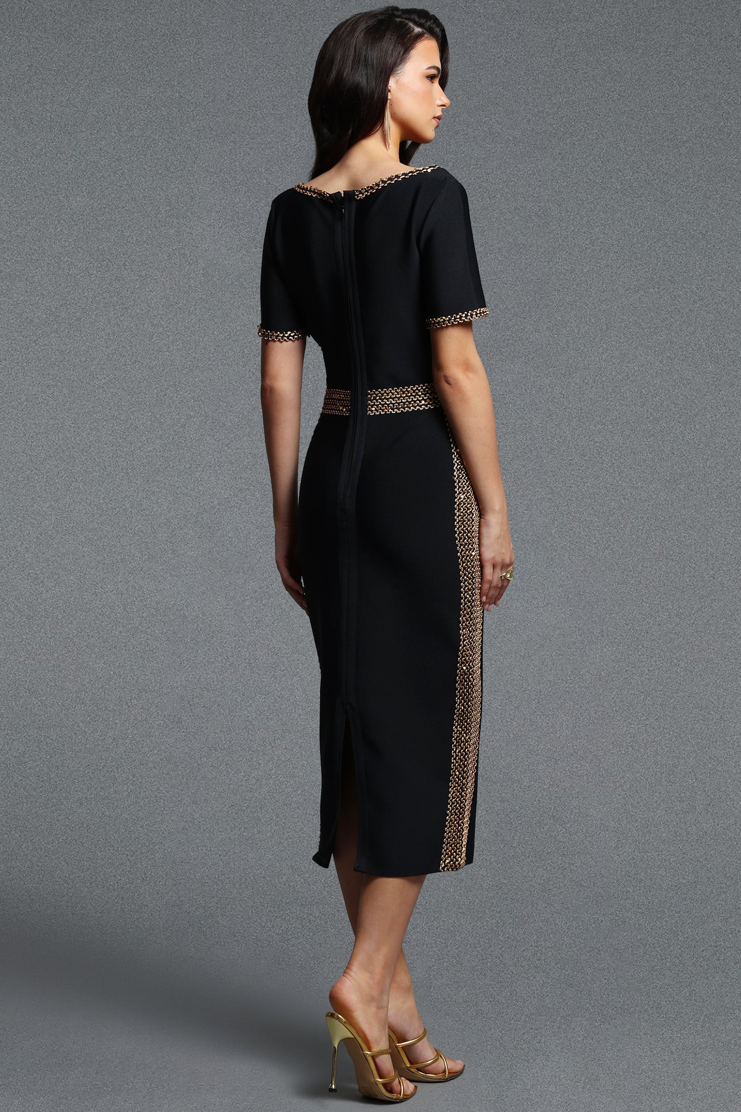 Lestie Chic Contour Short Sleeve Gold Trim Bandage Midi Dress D260805401