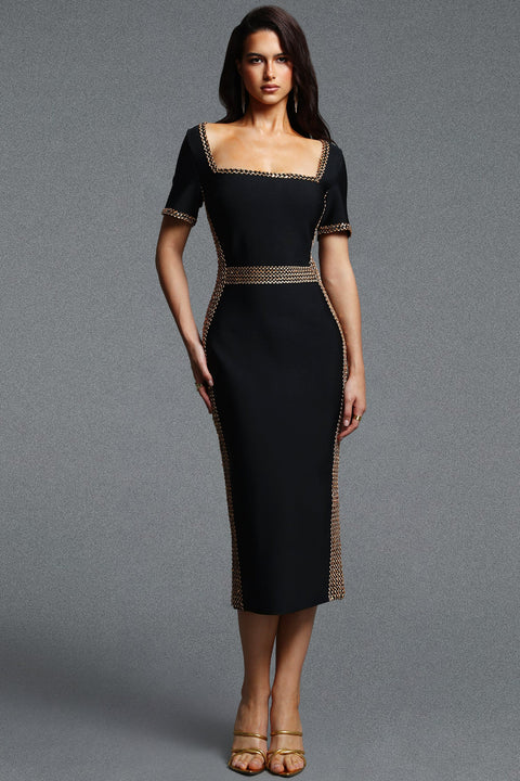 Lestie Chic Contour Short Sleeve Gold Trim Bandage Midi Dress by Bella Barnett