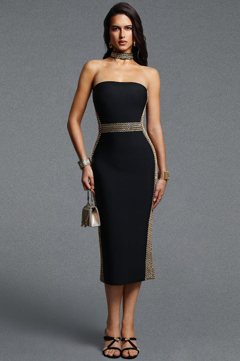 Lestie Chic Contour Strapless Gold Trim Bandage Midi Dress by Bella Barnett