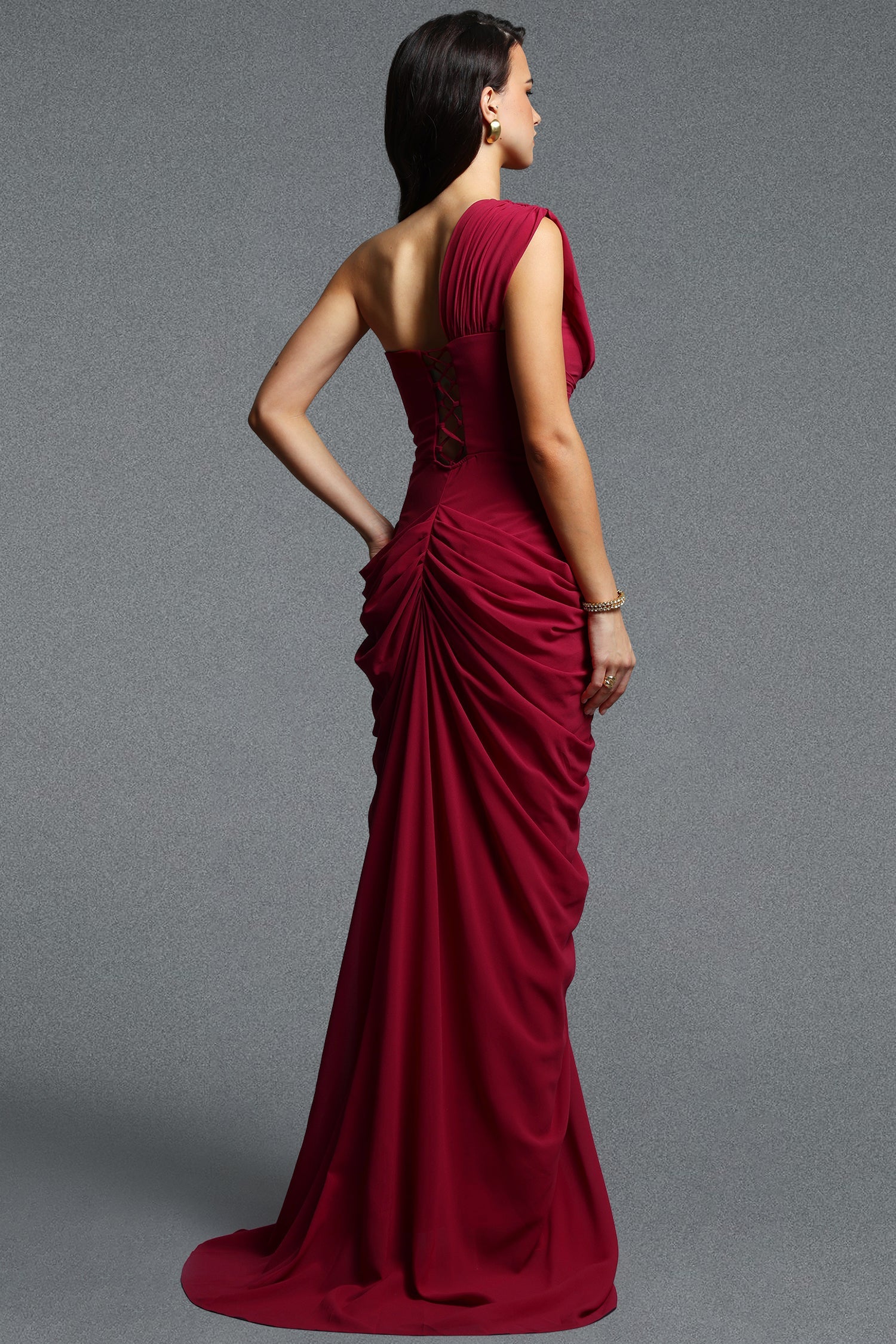 Sami Elegant Waist Cinched One Shoulder Ruched Slit Train Chiffon Red Maxi Dress D260805101