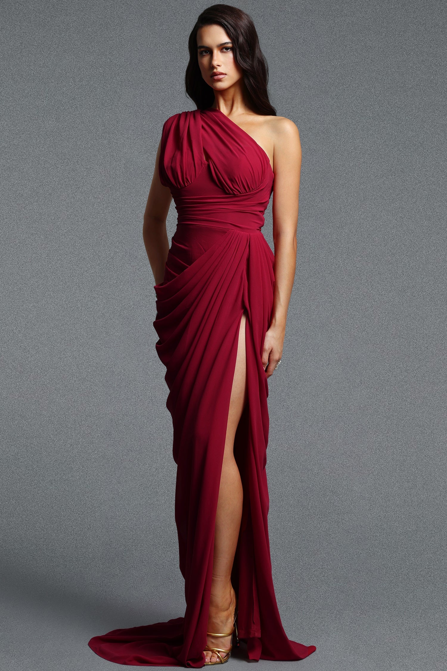 Sami Elegant Waist Cinched One Shoulder Ruched Slit Train Chiffon Red Maxi Dress D260805101