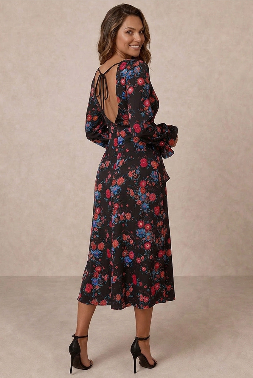 Long Sleeve Plunge Floral Printed Midi Dress In Black 20418BK