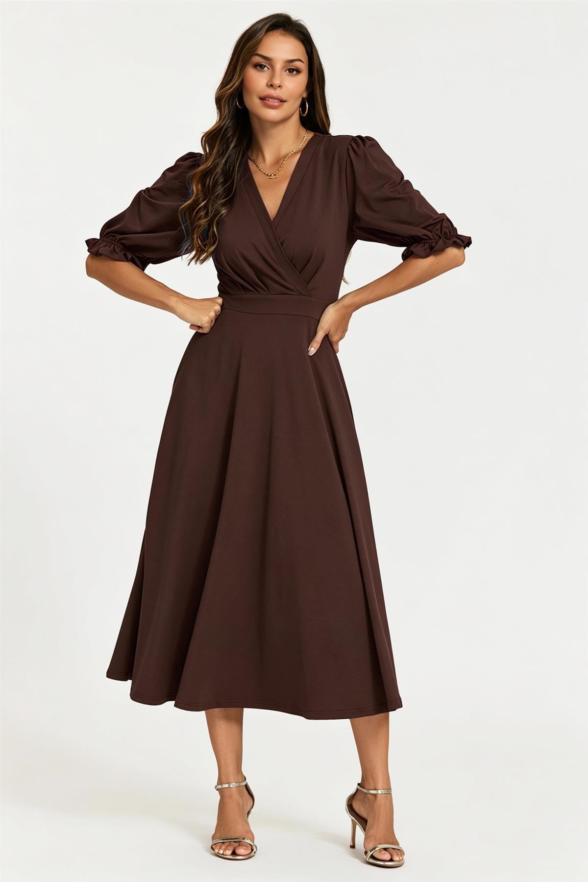 Half Sleeves Jersey Midi Dress With Wrap Neckline In Chocolate FS898