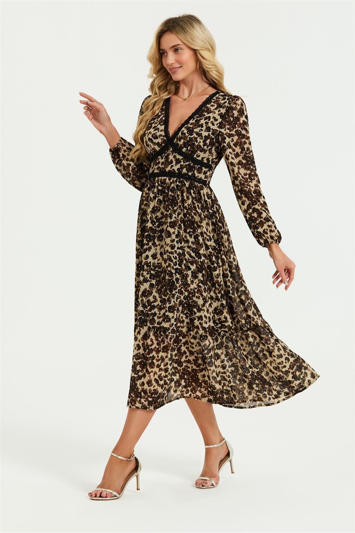 Leopard Print Foil Lace Trim Long Sleeve Maxi Dress In Brown FS565-LLFB