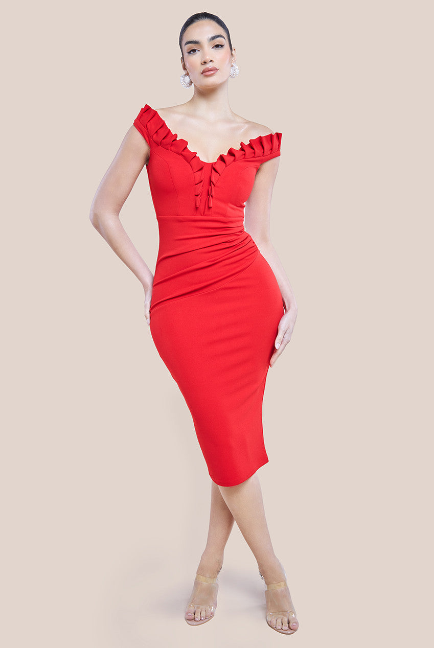 Off The Shoulder Frill Bodice Midi Dress - Red DR4255
