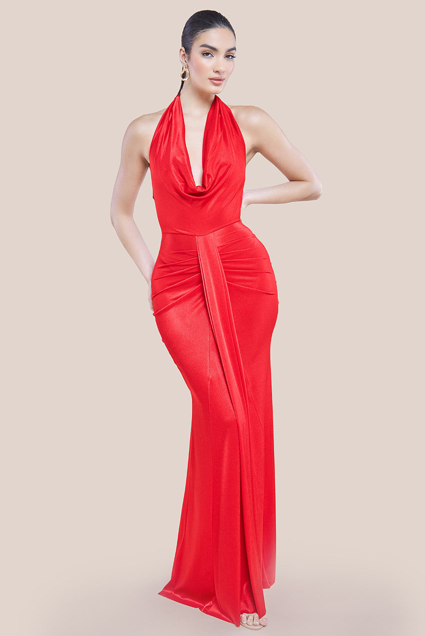 Open Back Cowl Neck Maxi Dress - Red DR4354