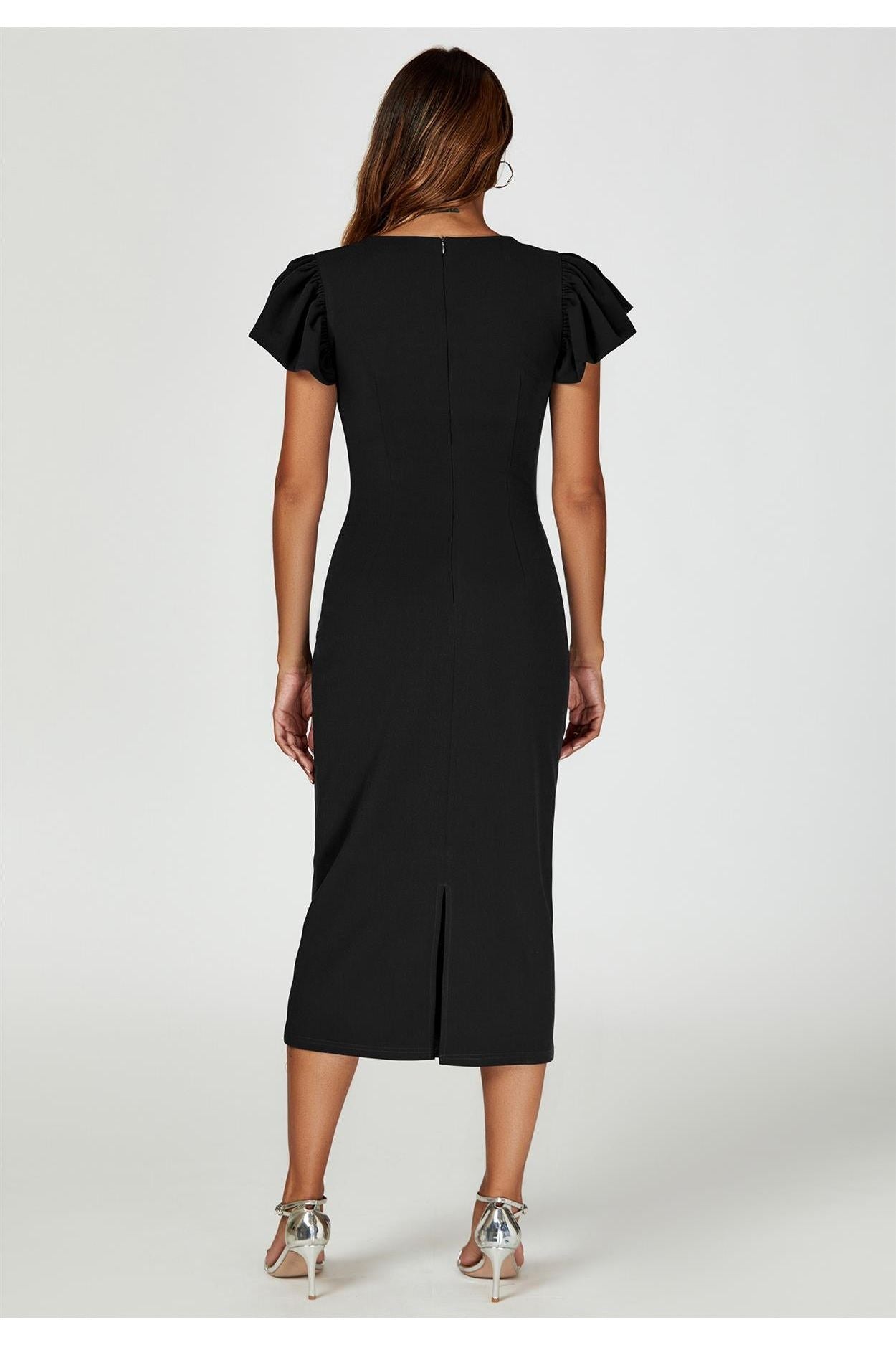 Volume Sleeve Bodycon Midi Dress In Black FS770-Black