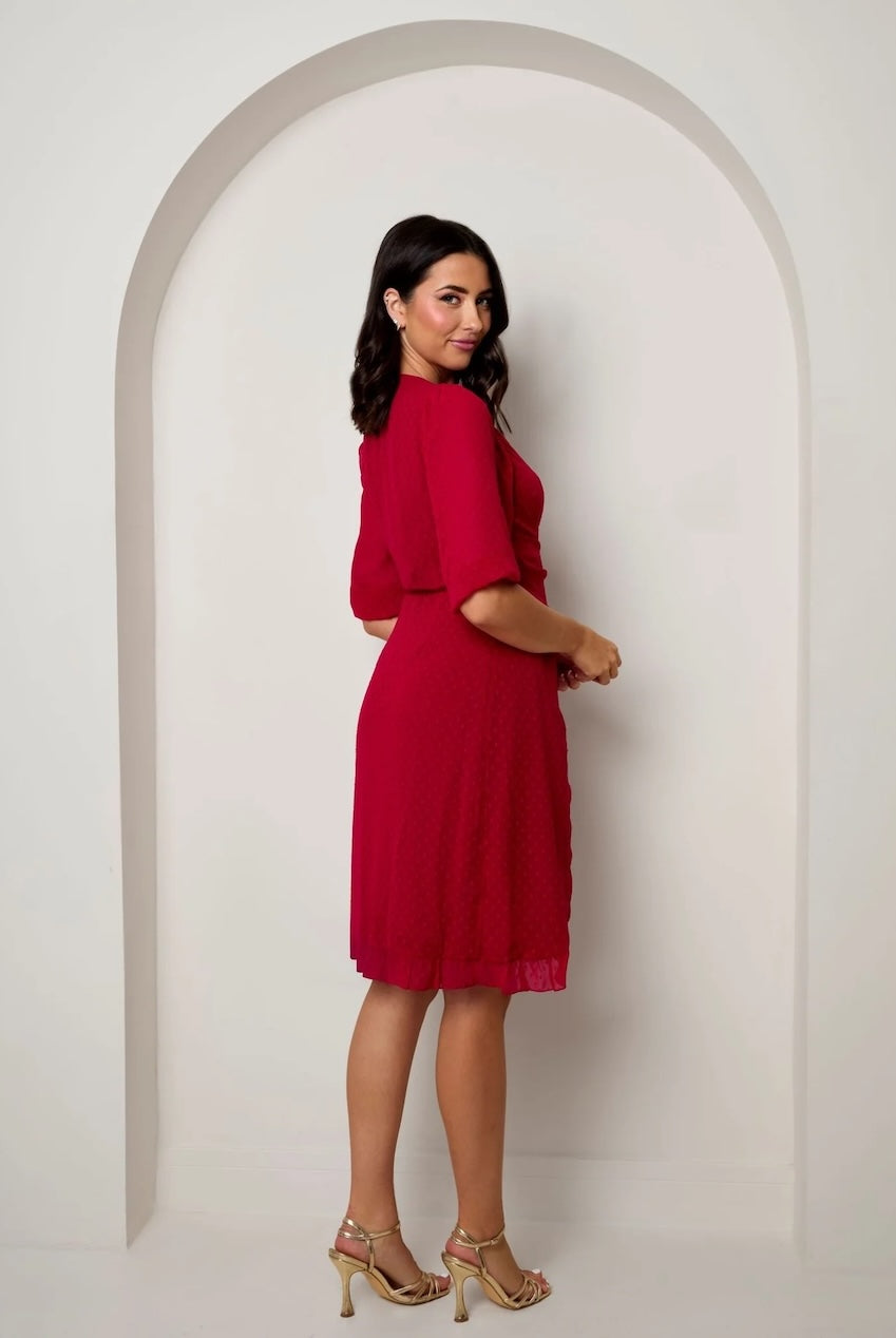 Puff Sleeve Dobby Ruffle Wrap Mini Dress In Red IK003RE