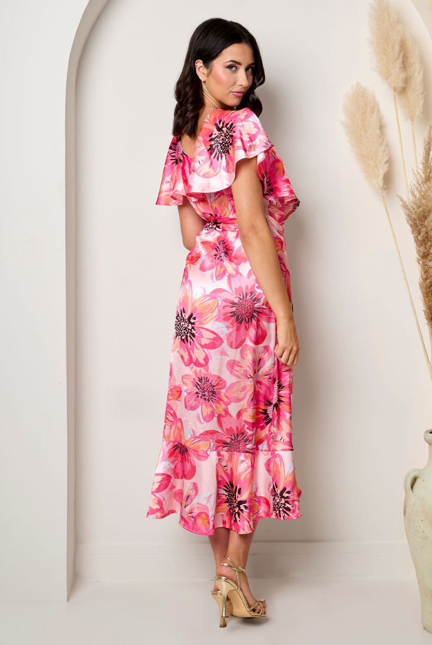 Plus Size Flutter Sleeve Satin Wrap Dress In Pink BZ05CPI