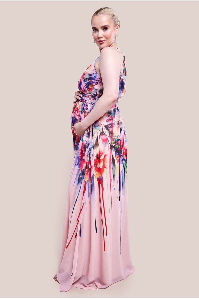 Maternity Floral Printed Chiffon Halter Maxi Dress - Blush Floral DR4299MAT