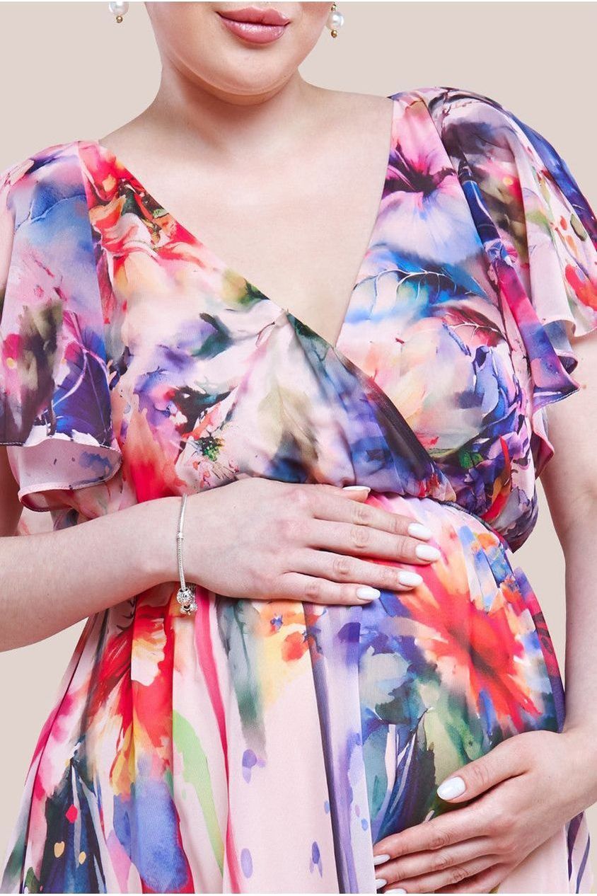 Maternity Flutter Sleeve Floral Bodice Midi Dress - Blush DR4330MAT