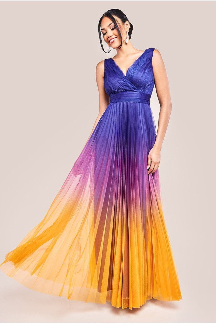 Sleeveless Ombre Pleated Maxi Dress - Navy Ombre DR4172