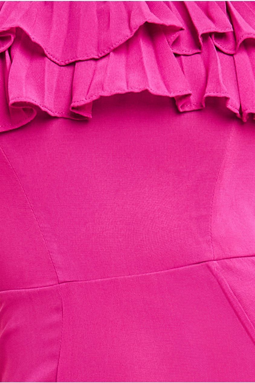 Frilled Off The Shoulder Pleated Chiffon Maxi Dress - Magenta DR4273