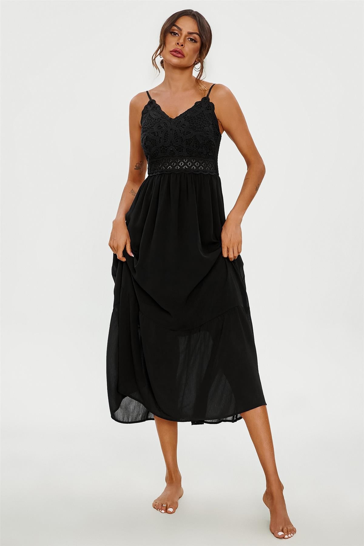 Lace Embroidery Anglaise Maxi Slip Dress In Black FS668