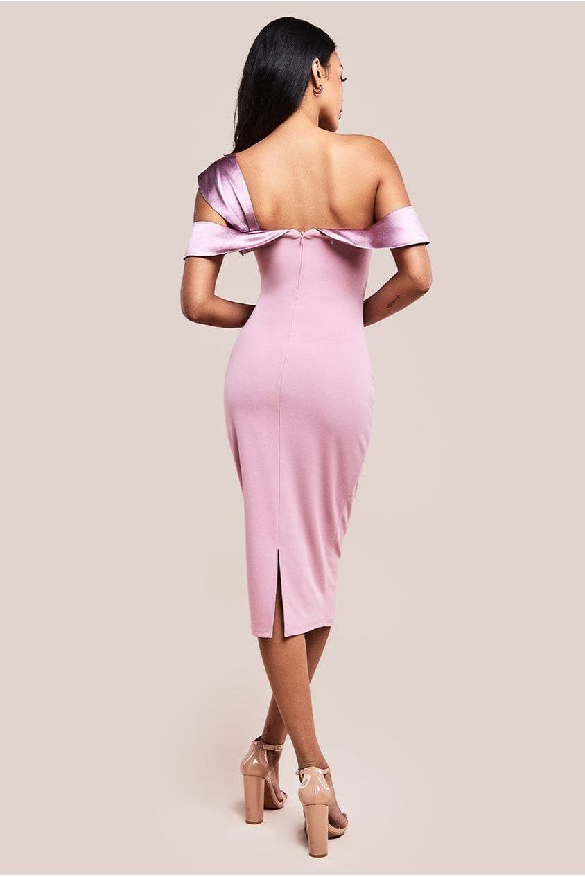 One Shoulder Satin Band Bodycon Midi Dress - Rose Pink DR3483