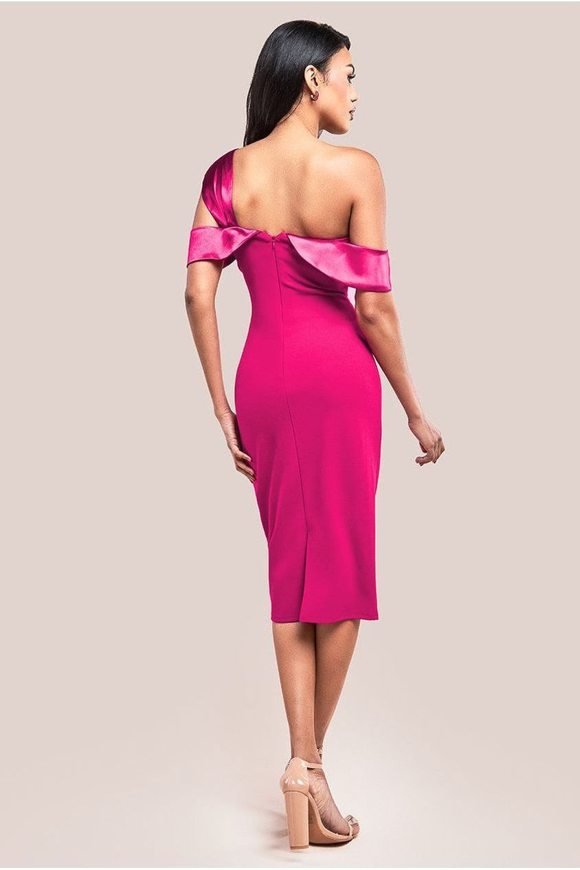 One Shoulder Satin Band Bodycon Midi Dress - Magenta DR3483