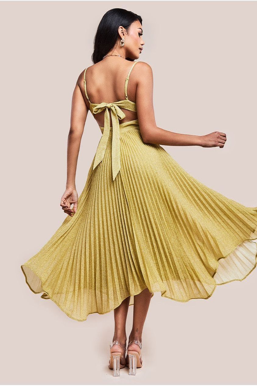 Tie Back Pleated Lurex Skater Midi Dress - Gold DR4246