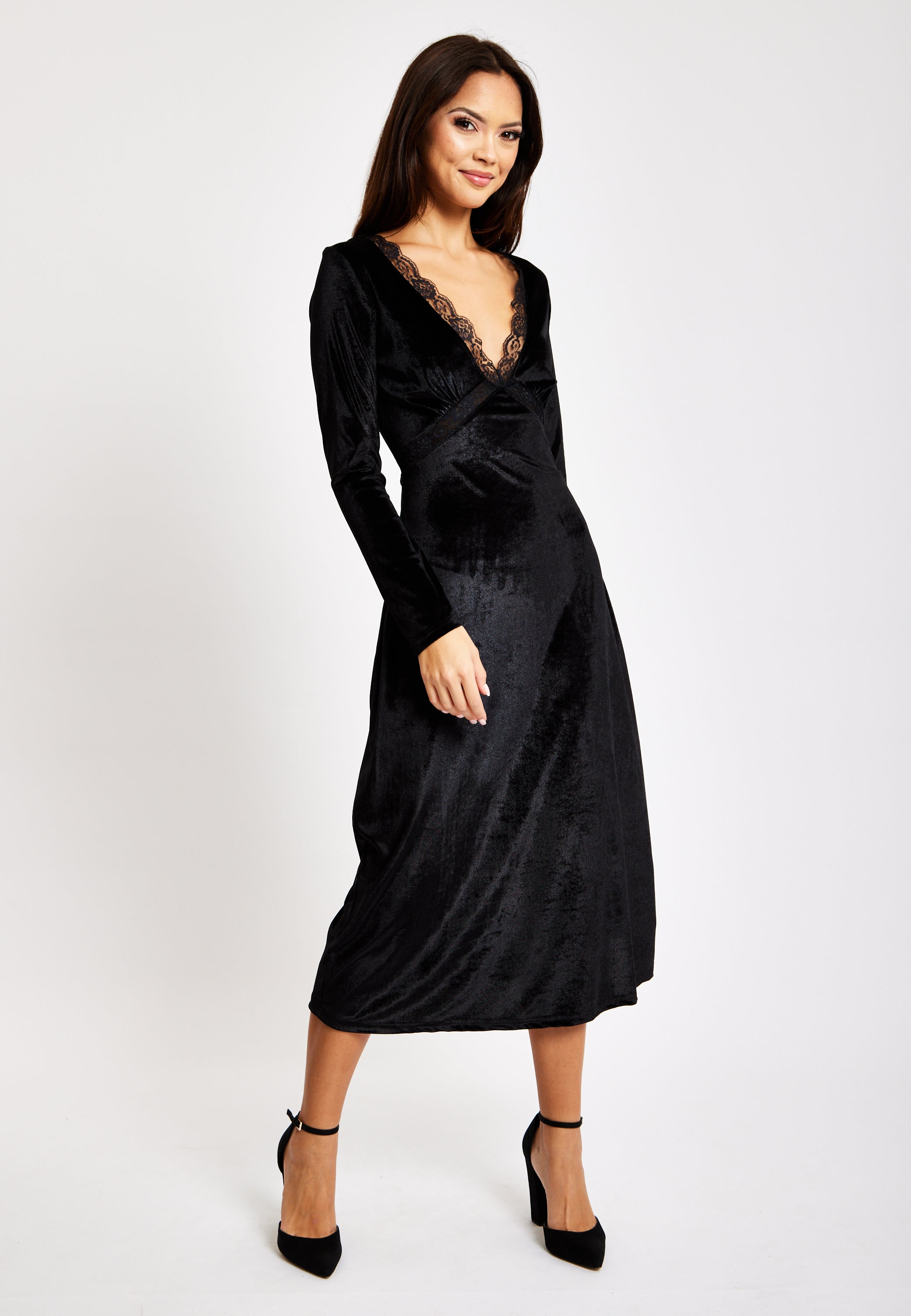 Black Velvet Midi Dress With Lace Details LIQ23AW078BL