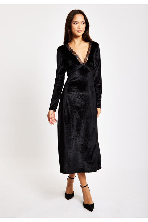 Black Velvet Midi Dress With Lace Details by Liquorish