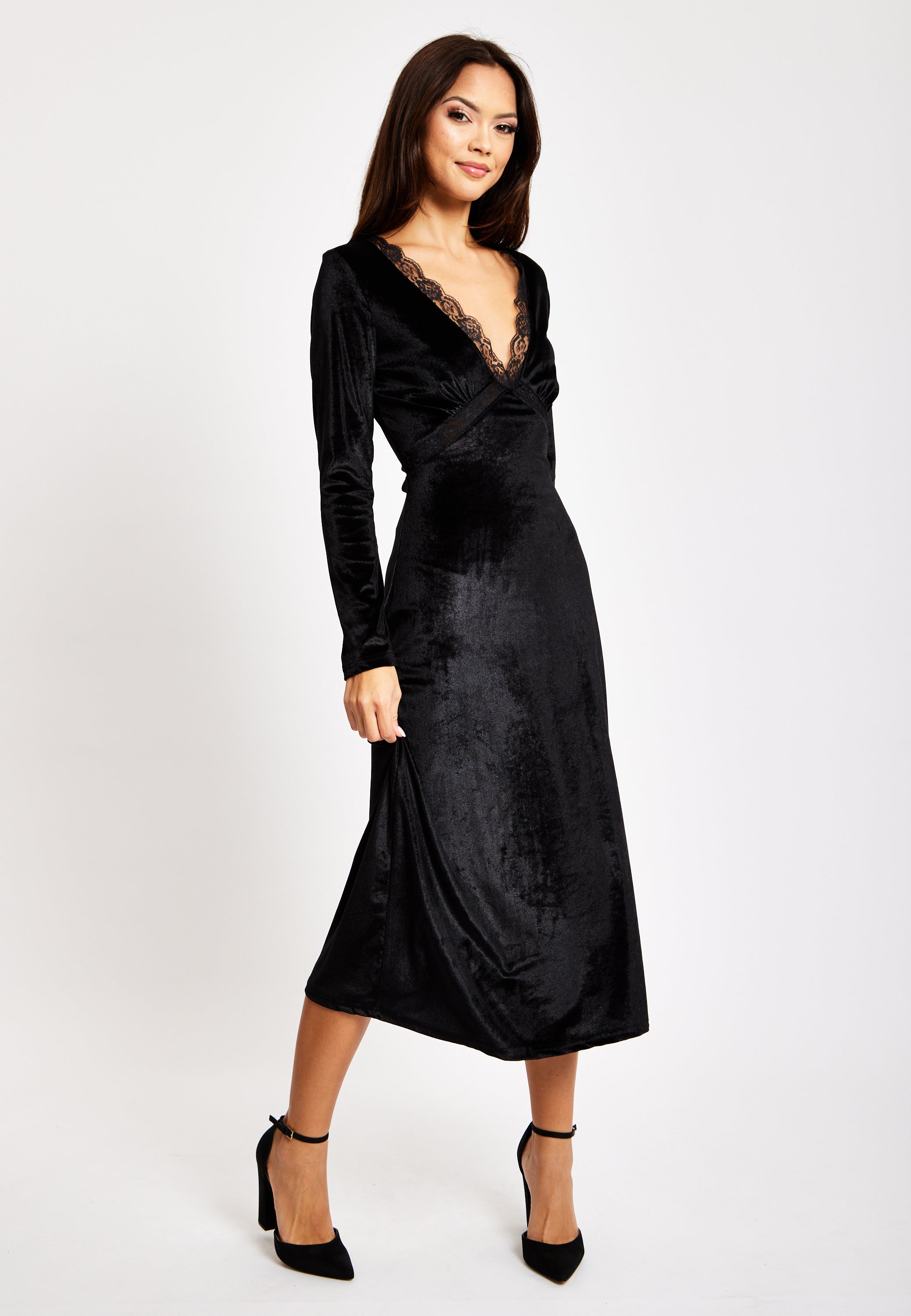 Black Velvet Midi Dress With Lace Details LIQ23AW078BL