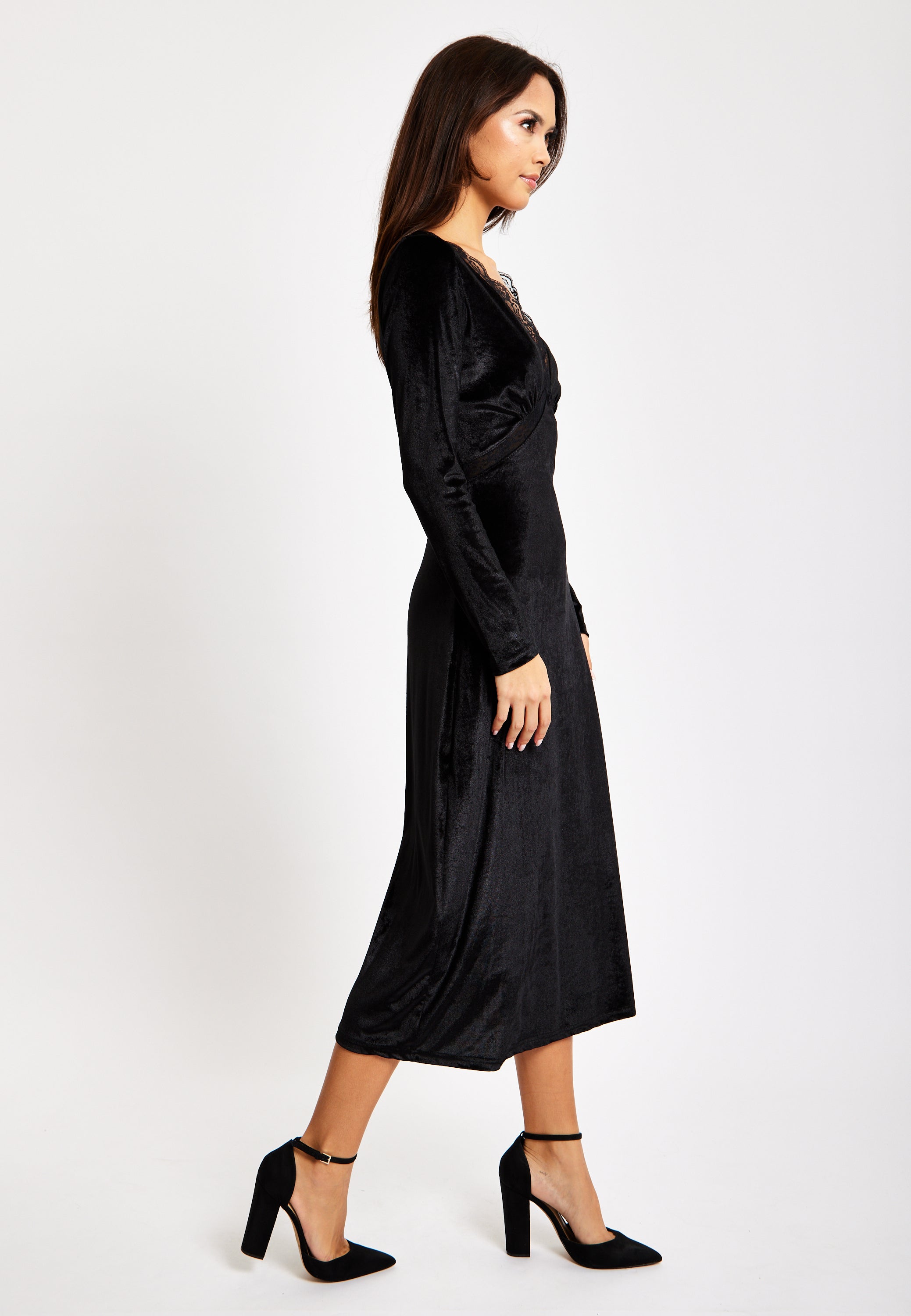 Black Velvet Midi Dress With Lace Details LIQ23AW078BL