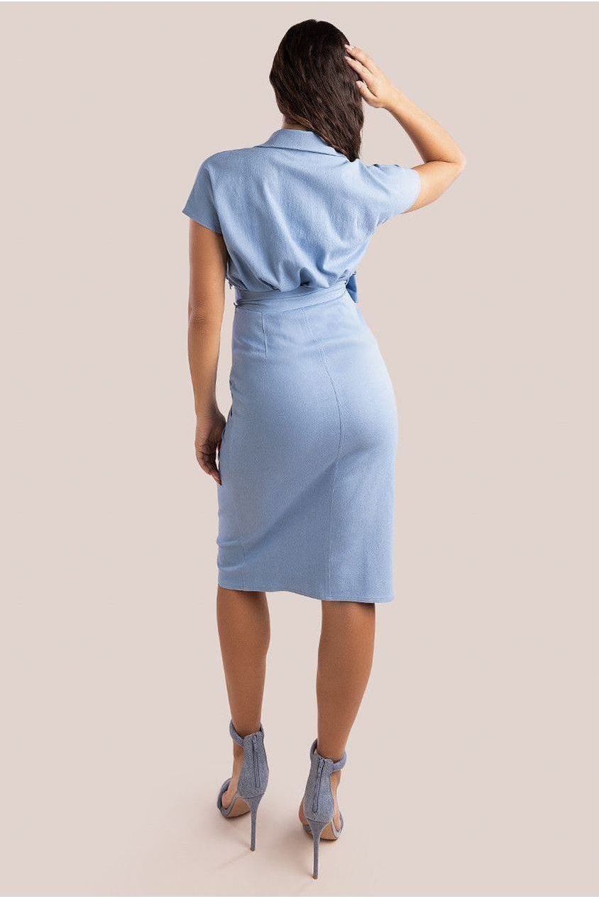 Denim Gathered Angel Sleeve Midi Shirt Dress - Sky Denim DR4116