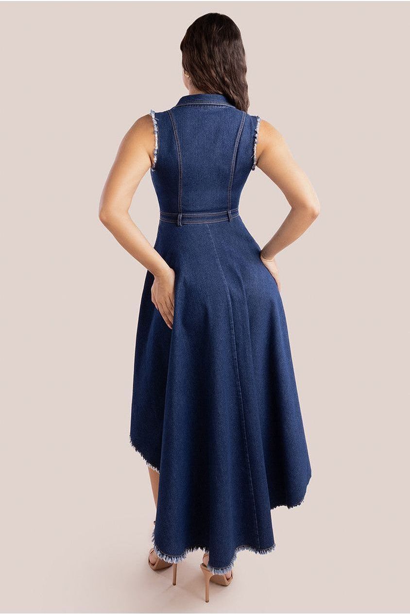 Denim Sleeveless High And Low Midaxi Dress - Navy Denim DR4131