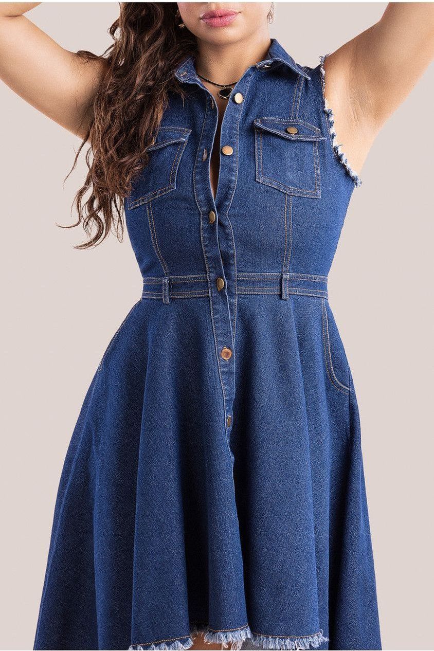 Denim Sleeveless High And Low Midaxi Dress - Navy Denim DR4131