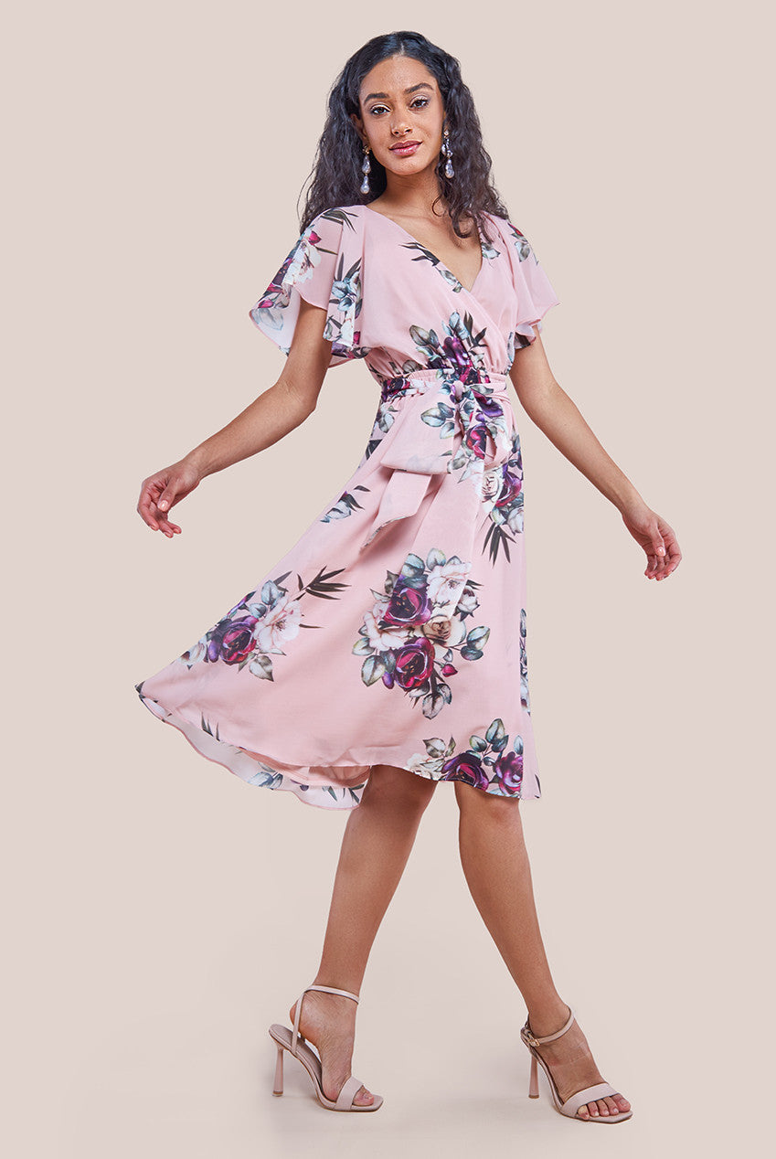 Sustainable Floral Print Midi Wrap Dress With Butterfly Sleeves - Peach DR1641BBS