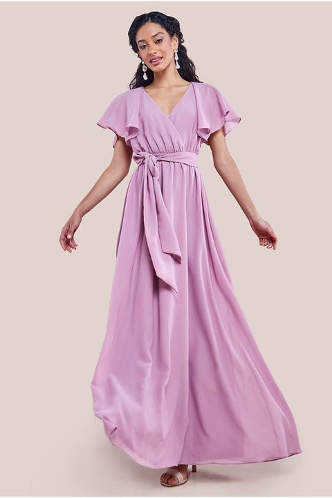 Sustainable Chiffon Flutter Sleeve Wrap Maxi Dress - Lavender by Goddiva