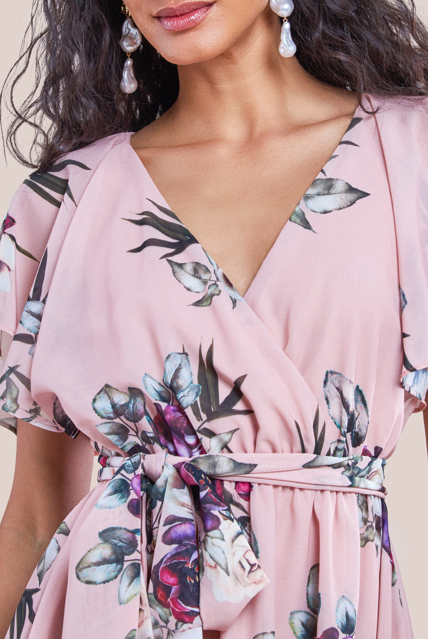 Sustainable Floral Print Midi Wrap Dress With Butterfly Sleeves - Peach DR1641BBS
